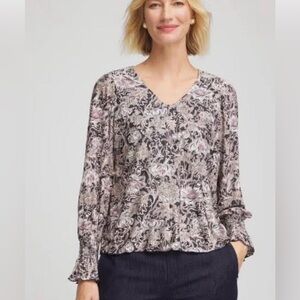CHICOS BLOOM CRINKLE BODRE BLOUSE CHICOS SIZE 1 WILL FIT MISSES MEDIUM. NWT!